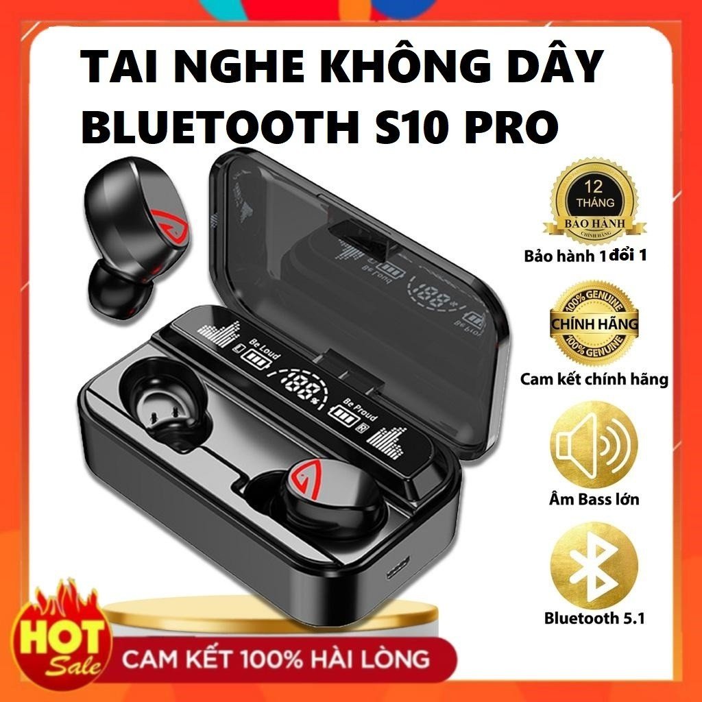 Tai nghe bluetooth Cao Cấp S10 Pro cao cấp V5.2, cảm ứng vân tay hỗ trợ đàm thoại, nghe nhạc 10h, kiêm sạc dự phòng 350mAh, Nghe nhạc cực êm- Bảo hành 1 ĐỔI 1