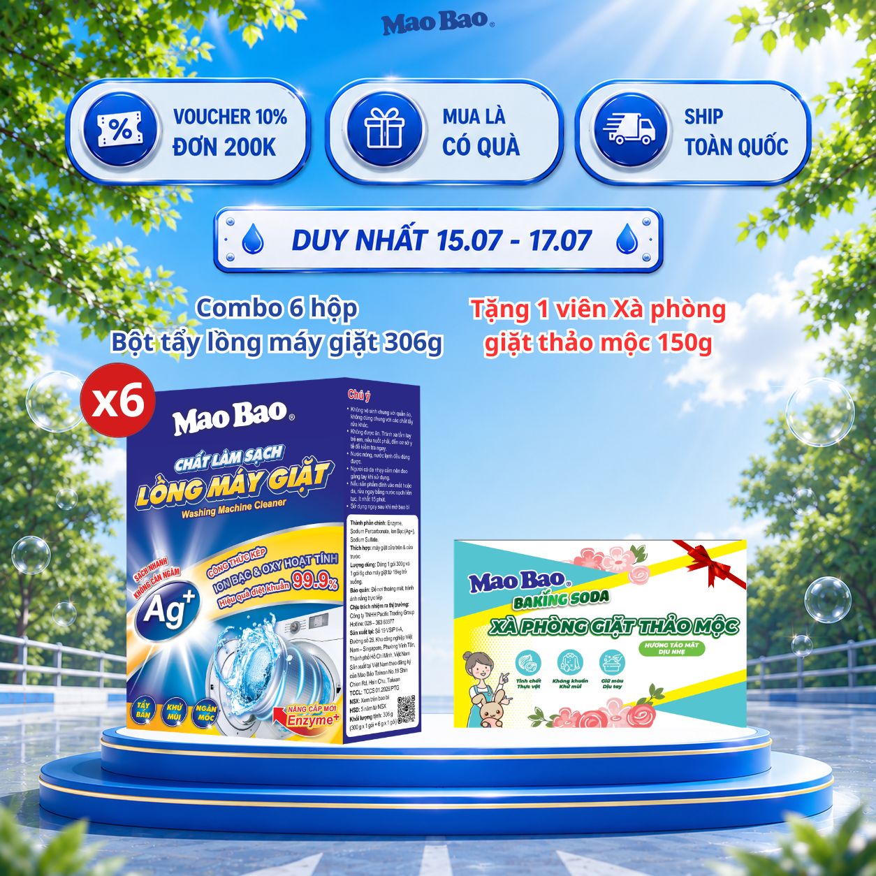 Combo 06 Hộp Chất Vệ Sinh lồng máy giặt Mao Bao Ag+ 306g