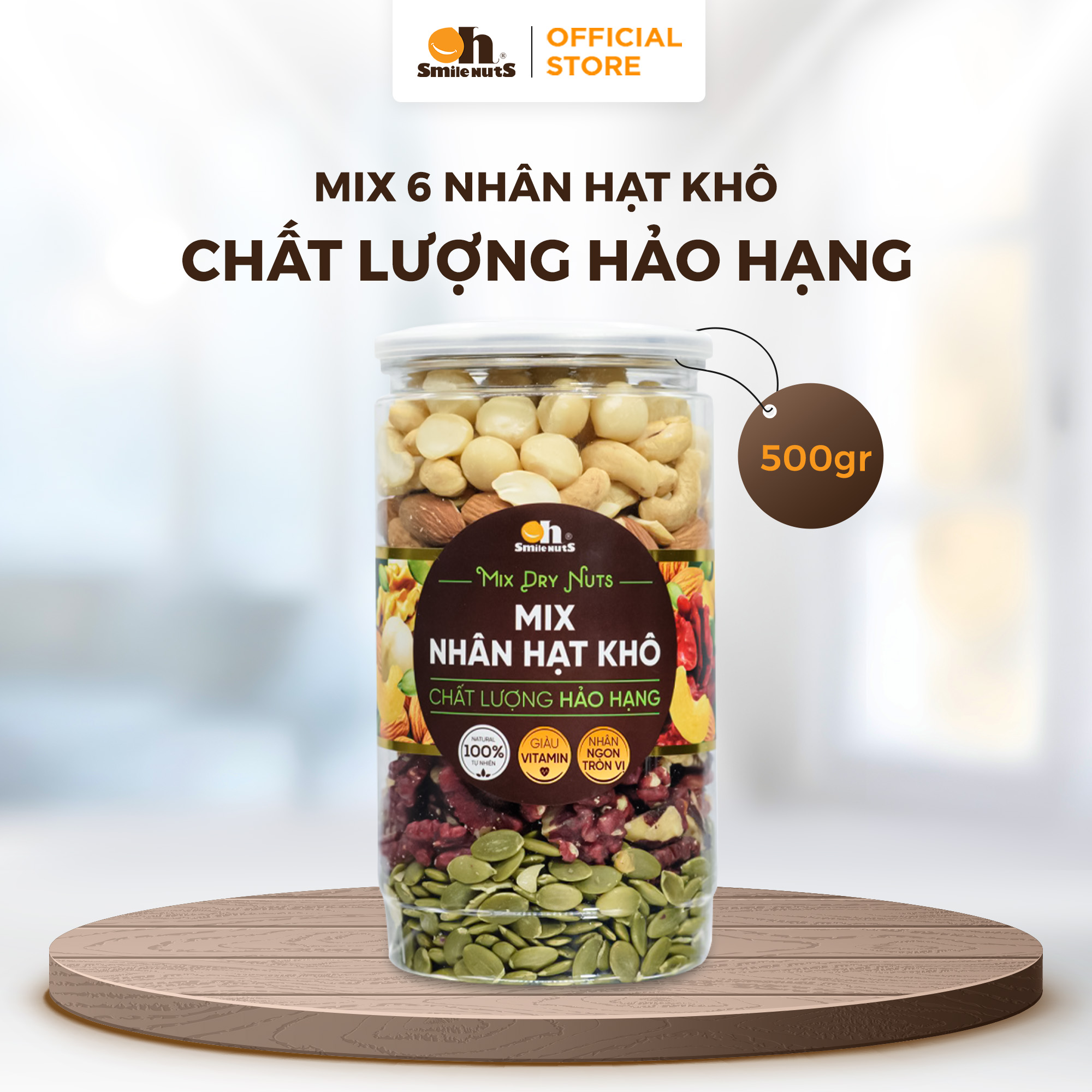 Mix Nhân Các Loại Hạt Dinh dưỡng Smilenuts hộp 500g _ Gồm Nhân Óc Chó Đỏ Mỹ, Nhân Óc Chó vàng Chile,