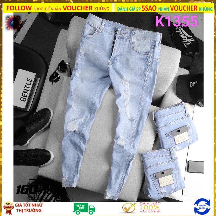 Quần Jean Nam Đẹp Chất Bò Co Giãn Rách Gối - Không Nhăn Không Ra Màu - Phong Cách Hàn Quốc 1990store MÃ 439
