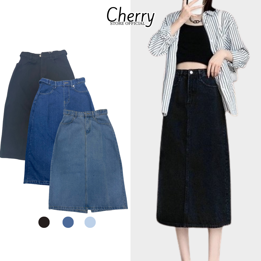 Chân váy jean nữ dài xẻ tà sau CHERRY cạp cao, chân váy bò dáng chữ A xòe đẹp chất dày dặn siêu hack dáng T120