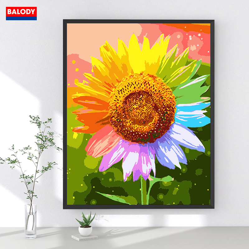 Tranh tô màu theo số,Tranh Sơn dầu Số hóa Hoa Tuylip Hồng Hướng dương 40x50cm BALODY có khung,màu,cọ,móc treo tường