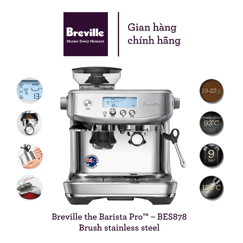 Máy pha cà phê Breville the Barista Pro BES878 BSS, thép không gỉ, có màn hình hiển thị, đun nhanh trong 3 giây, vòi đánh sữa mạnh mẽ, công nghệ PID, chiết xuất chậm cafe
