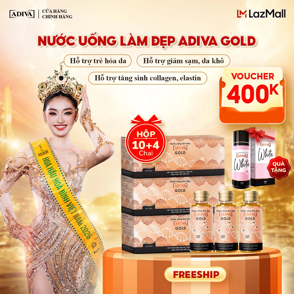 Combo 3 Hộp Nước Uống Làm Đẹp Collagen ADIVA Gold -Giúp Da Giảm Nếp Nhăn Và Chống Lão Hóa
