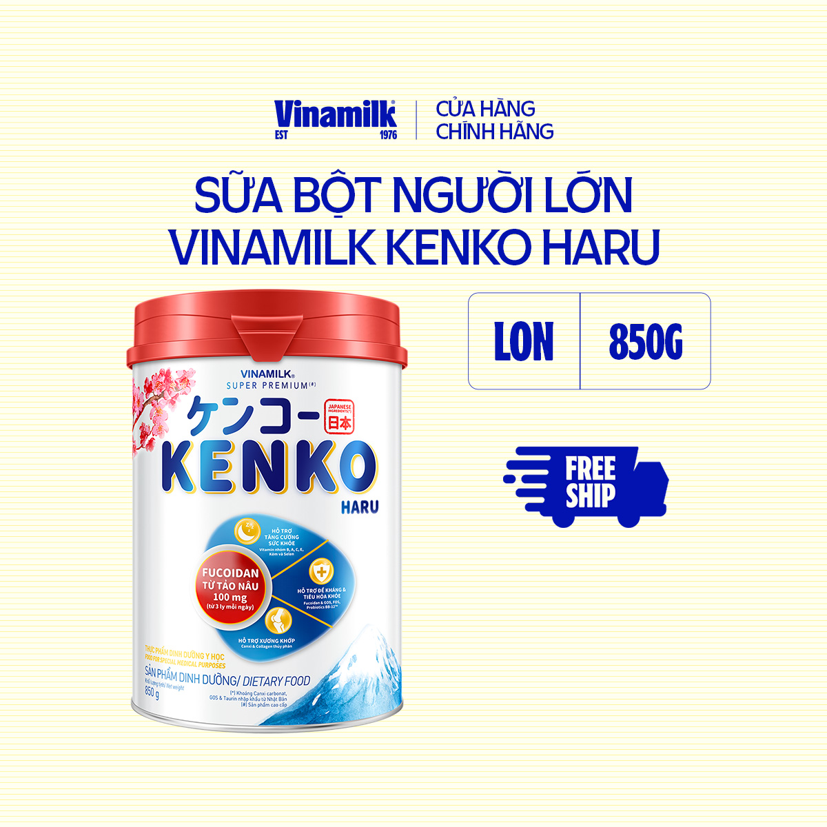 Sữa Bột cho người lớn tuổi Vinamilk Kenko Haru - Hộp 850g - Xương khớp khỏe, hỗ trợ đề kháng