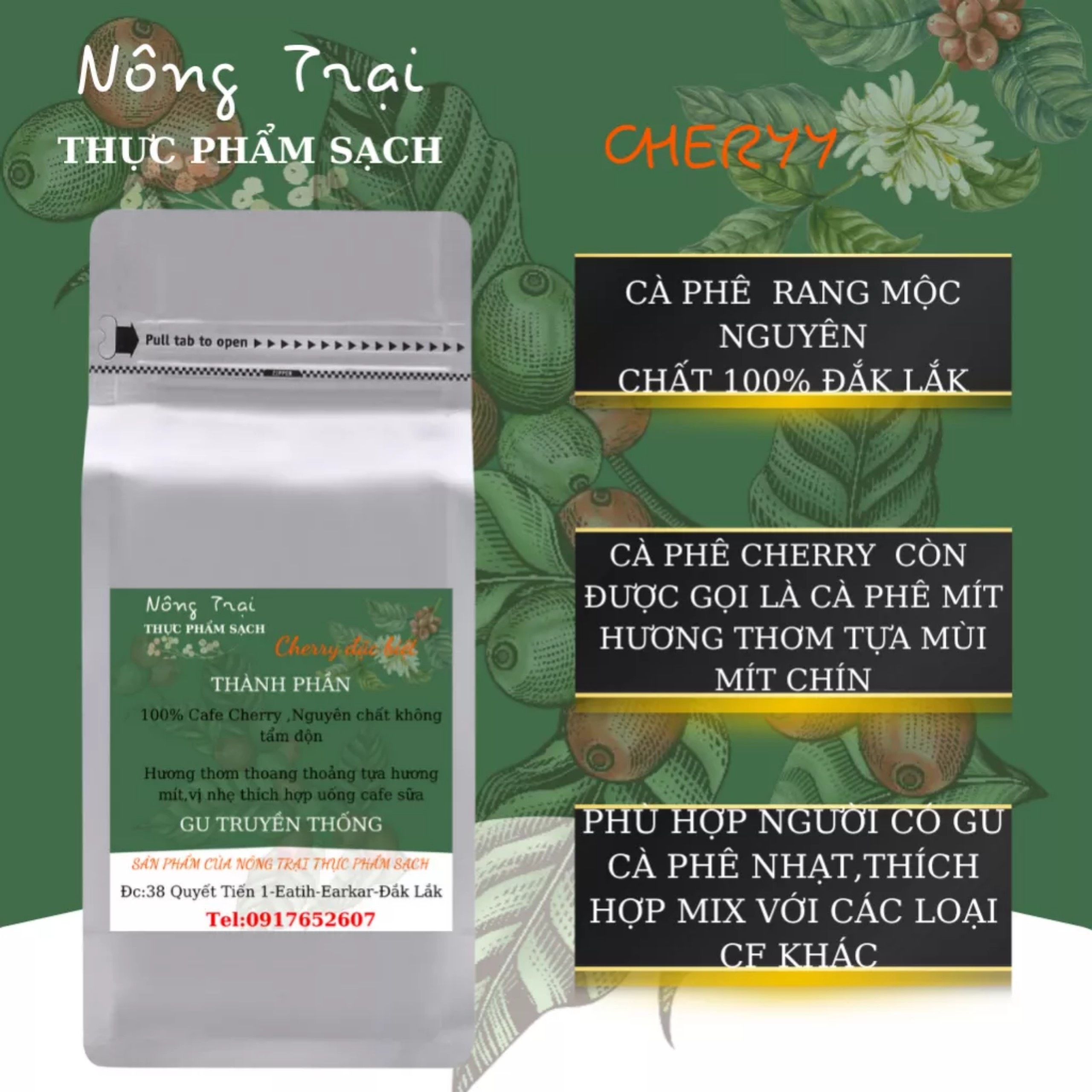 Cà phê Cherry nguyên chất 100% - Cafe rang mộc có hương thơm thoang thoảng tựa hương mít