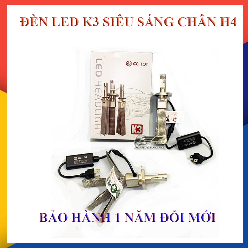 Đèn pha led K3 chân H4 lắp xe máy, oto siêu sáng -38w- giá 1 bóng