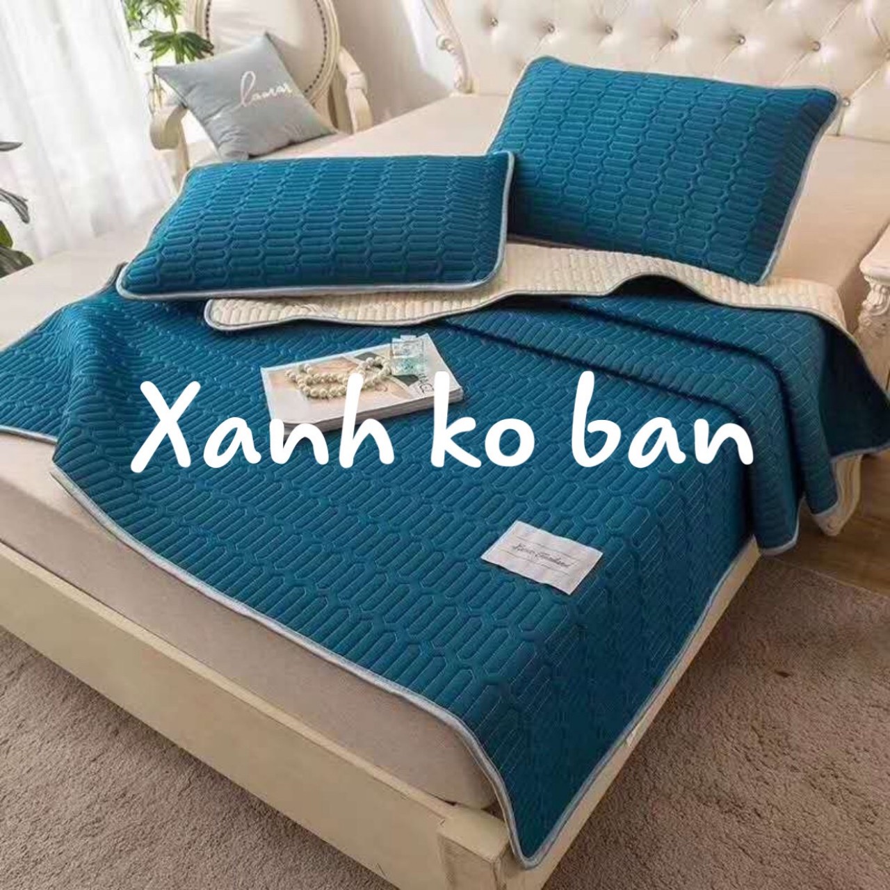 Chiếu điều hòa cao su non loại 1m4 x 2m xanh đậm tặng kèm 2 vỏ áo gối