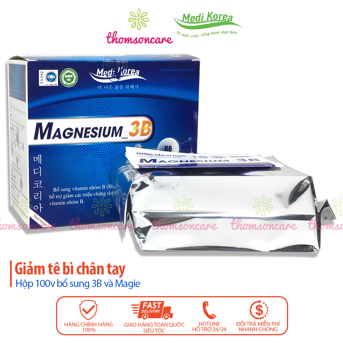 Bổ sung Magie và vitamin 3B - magnesium 3B - hỗ trợ giảm tê bì chân tay - Hộp 100 viên giảm rung tay chân, parkinson