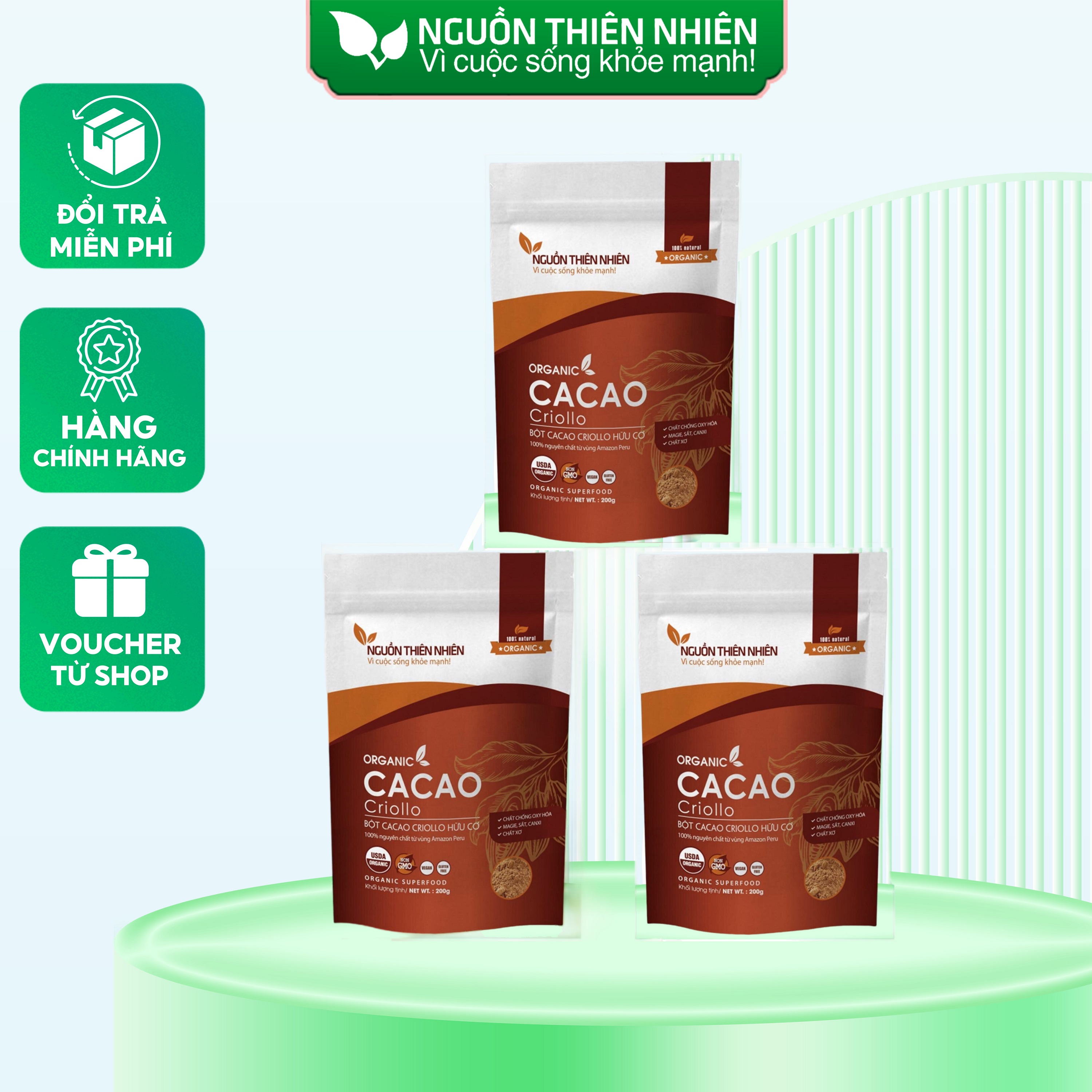Combo 3 Túi Bột Cacao Peru Criollo Hữu Cơ không đường 200g Nguồn Thiên Nhiên