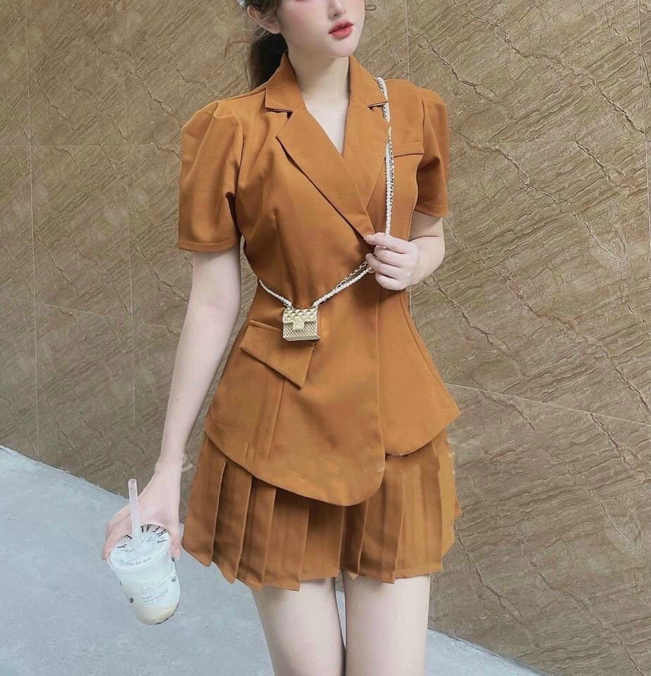Sét bộ nữ, áo vest cách điệu chân váy xếp ly