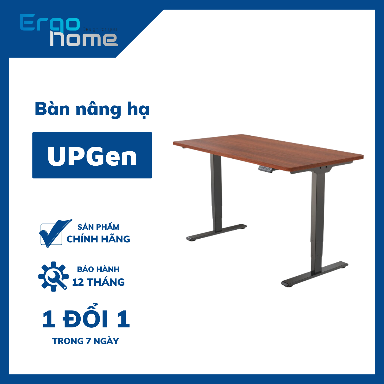Bàn làm việc nâng hạ chiều cao UPGen E5 thiết kế thông minh điều chỉnh 62-130cm, tải trọng 100kg, 2 động cơ nâng hạ mạnh mẽ, 4 vị trí nhớ, chống ồn, chống va chạm