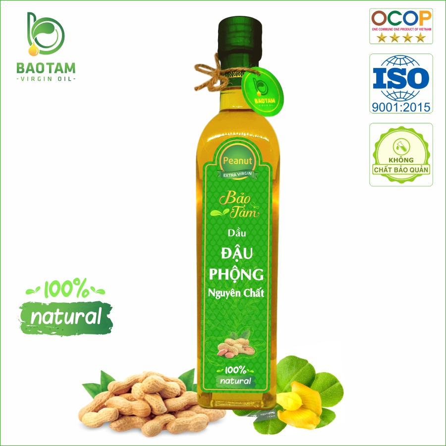 Dầu Phộng Nguyên Chất Bảo Tâm (Dầu Đậu Phộng, Dầu Lạc) – Từ Hạt Đậu Phộng Sẻ Tự nhiên, Hương Vị Tuyệt Vời - Hàng Chính Hãng – 500 ml