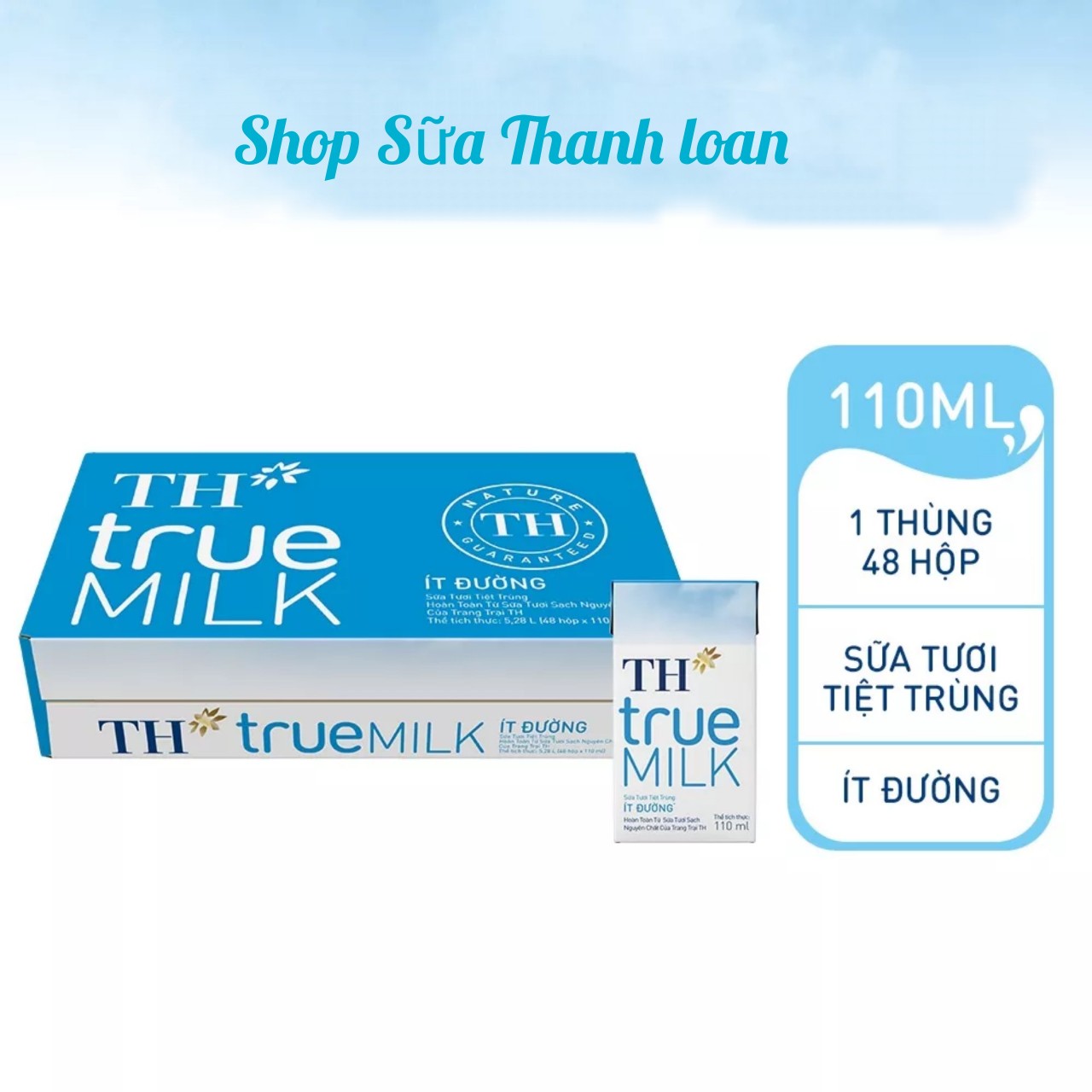 (HSD T10-2024) Thùng 48 Hộp Sữa Tươi Tiệt Trùng TH true Milk Ít Đường 110ml.