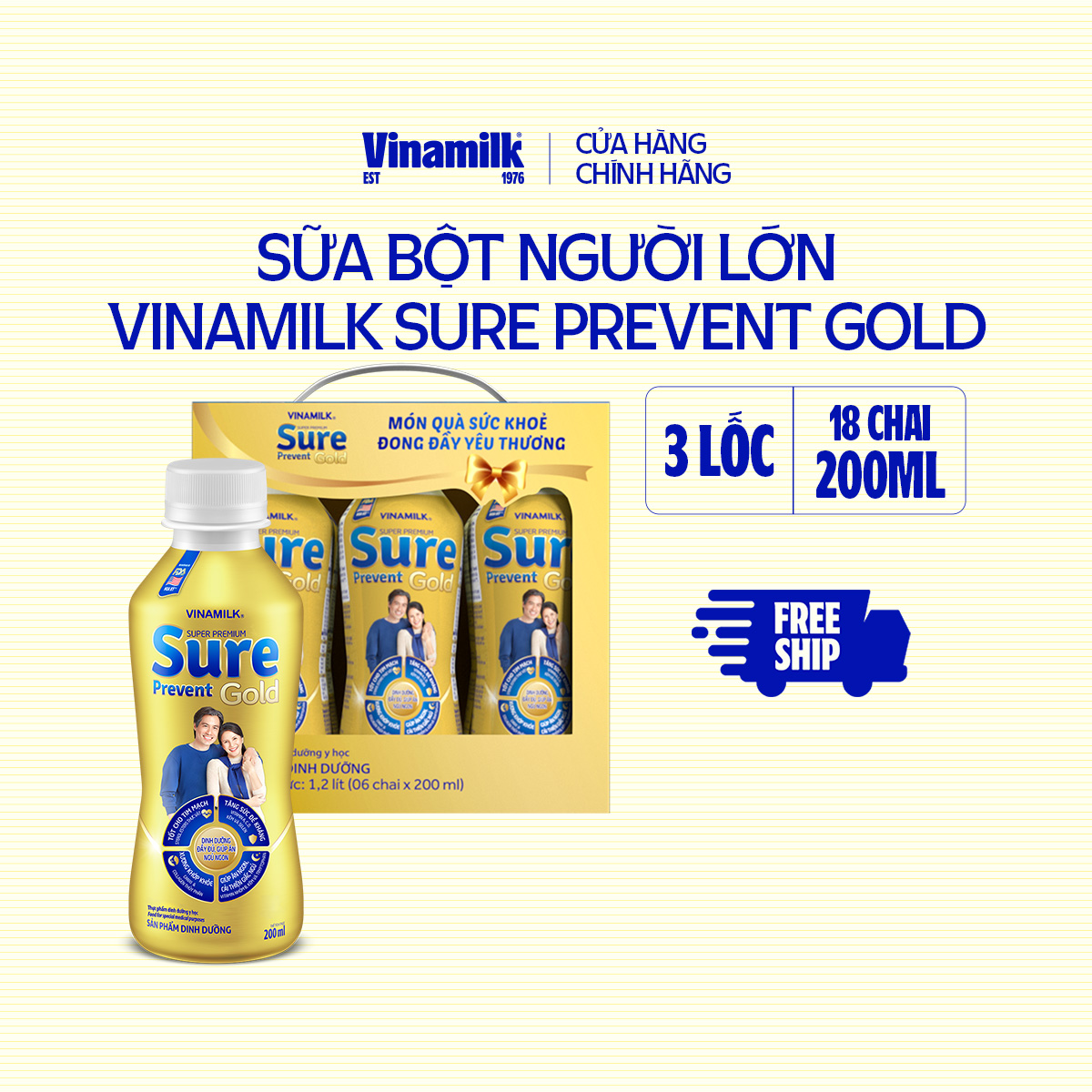 3 Lốc Sữa bột pha sẵn cho người lớn tuổi Vinamilk Sure Prevent Gold - Lốc 6 chai x 200ml - Sữa nước 