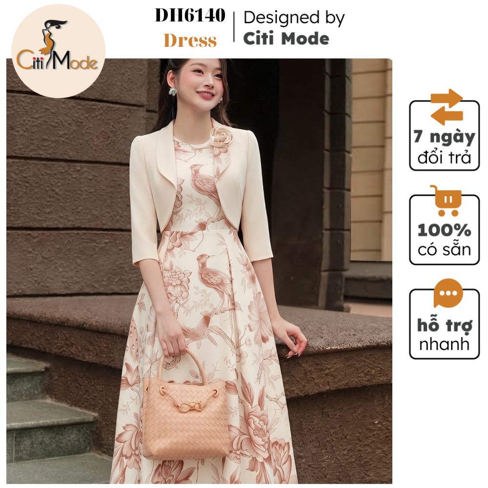 Citi Mode Fashion Office Dress Designed with Faux Brown Floral Flared Dress with Round Neck and Short Sleeves, Embellished with Flowers Dh6140