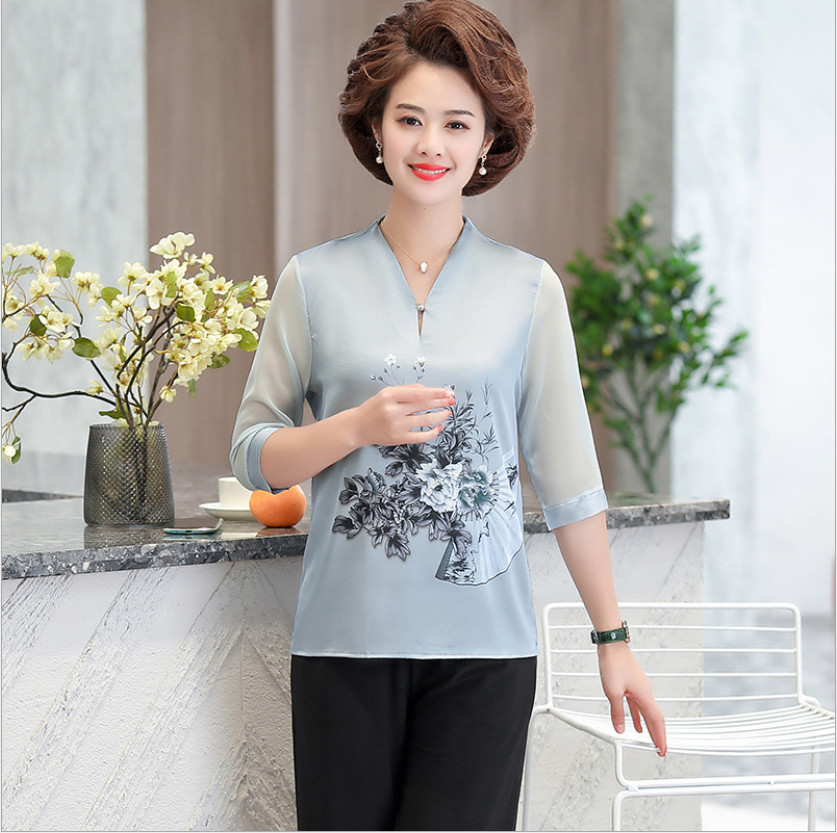 Bộ quần áo lụa cao cấp cho mẹ / Bộ đồ trung niên cho mẹ / Bộ quần áo ống rộng mặc hè cho người trung niên