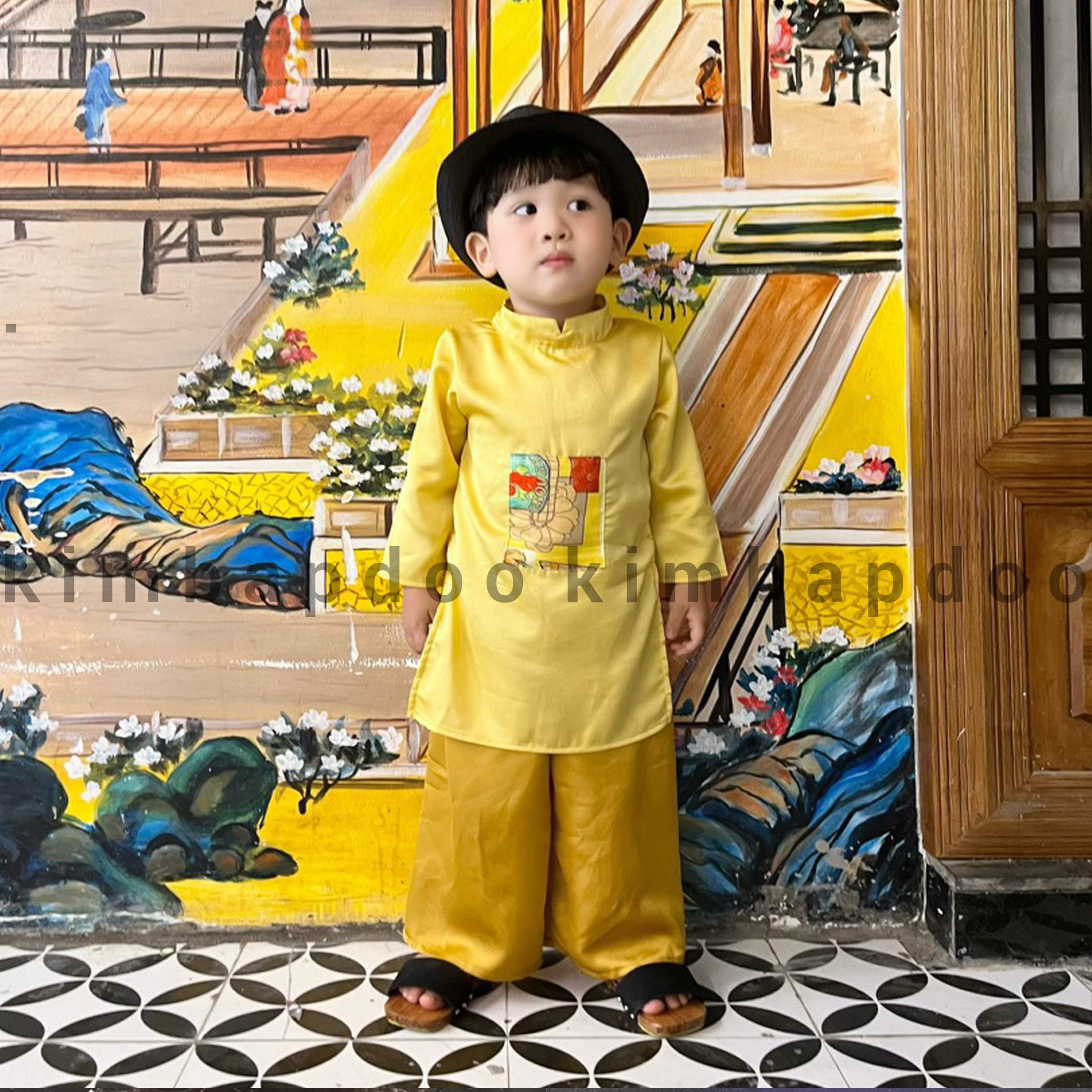 Set áo dài đôi cho bé - Áo dài cách tân cho bé gái, bé trai kimbapdoo - Áo dài Tết cho bé chất lụa mềm mại