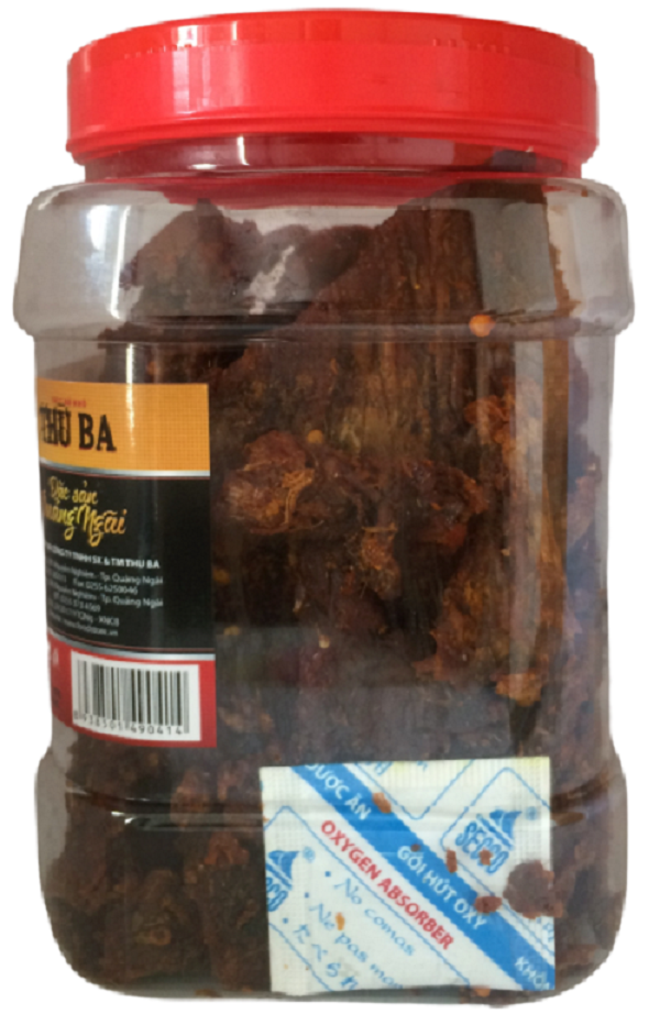 Hũ 500 gram Thịt Khô bò miếng thơm ngon Thu Ba, Đặc sản hiệu Thu Ba Quảng Ngãi, làm thủ công chất lượng, cay vừa ăn. Beef jerky from Central Vietnam
