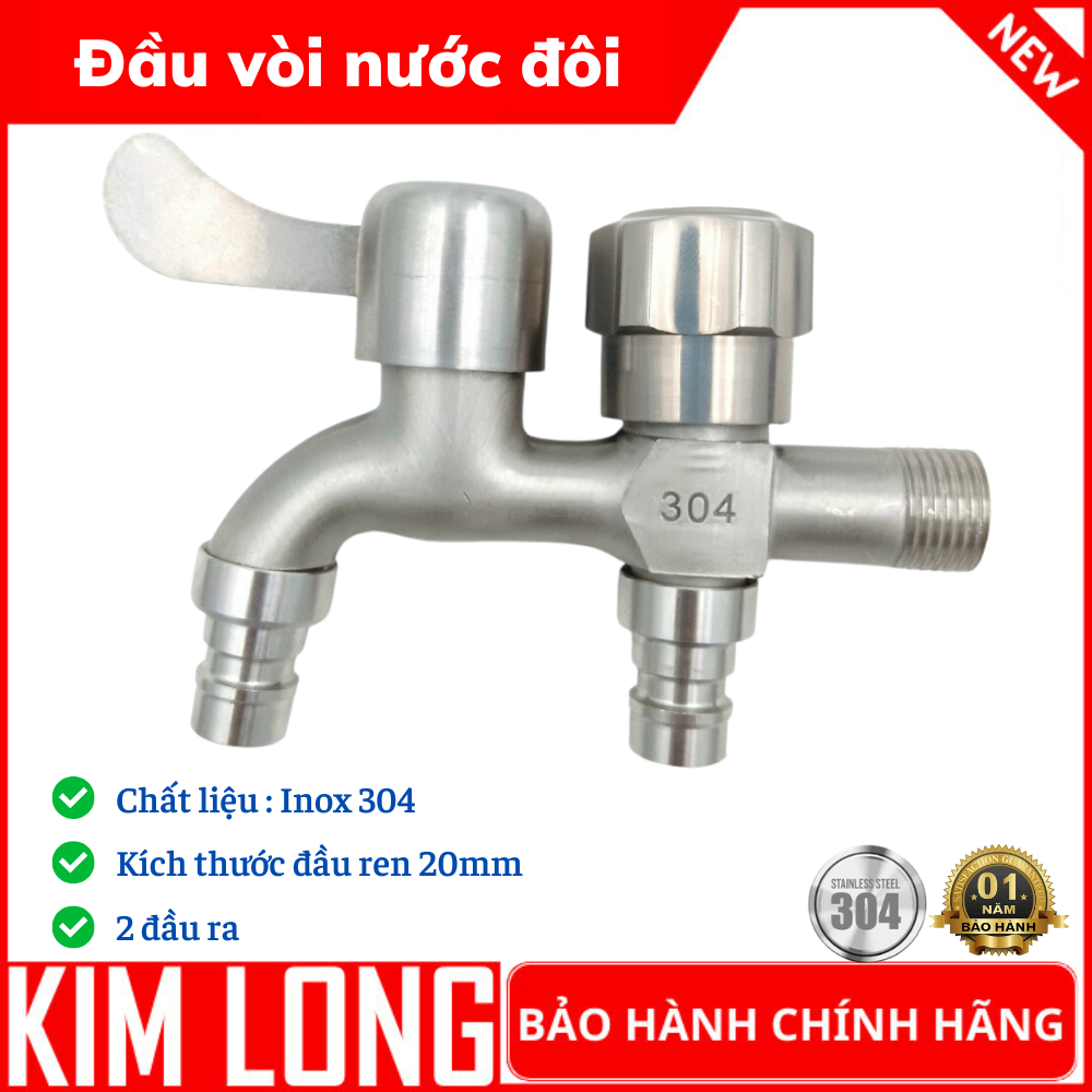 Vòi xả nước đôi 2 đầu ra - cấp nước máy giặt inox 304 cao cấp đầu vào d21mm đầu nối và xả nước nhựa abs, lõi đồng