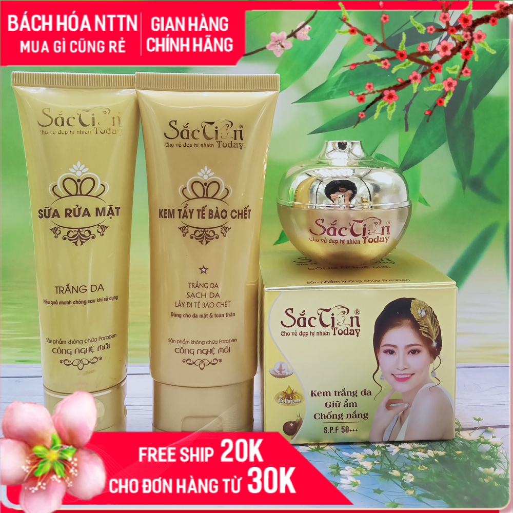Combo Kem trắng da giữ ẩm chống nắng + Kem tẩy tế bào chết + Sửa rửa mặt Sắc Tiên Today