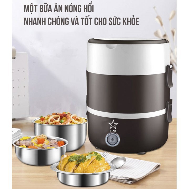 Hộp cơm cắm điện mini STAR 2 Tầng,3 Bát Inox,Giữ Nhiệt,Hâm Nóng,Nấu Chín Thức Ăn -Tiện lợi có lõi hâm nóng thức ăn nhanh cho dân văn phòng, dân phượt