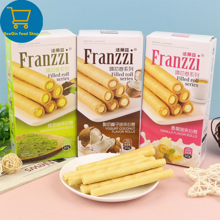 Bánh franzzi cuộn ốc quế nhân kem vị dừa, trà xanh, vani 60g b110 - beegin food shop