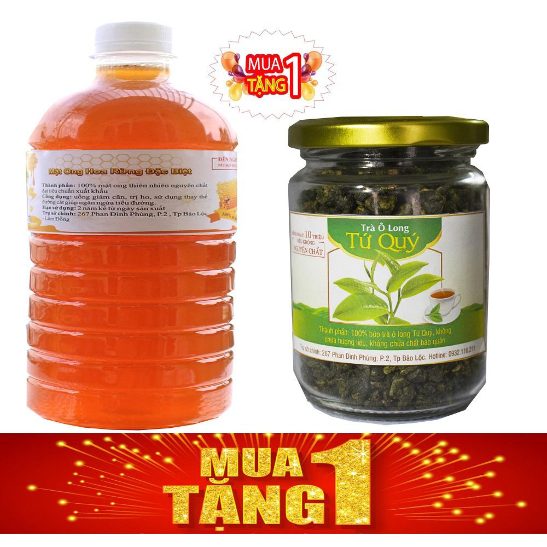 Mật ong Hoa Rừng Cao Cấp 1 lít Tặng kèm 100gr Trà OLong Tứ Quý