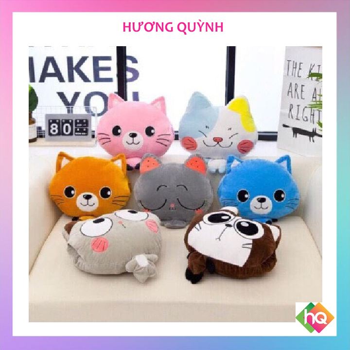 (HQ)Bộ chăn gối gấu bông hình mèo xám nhắm mắt 3in1