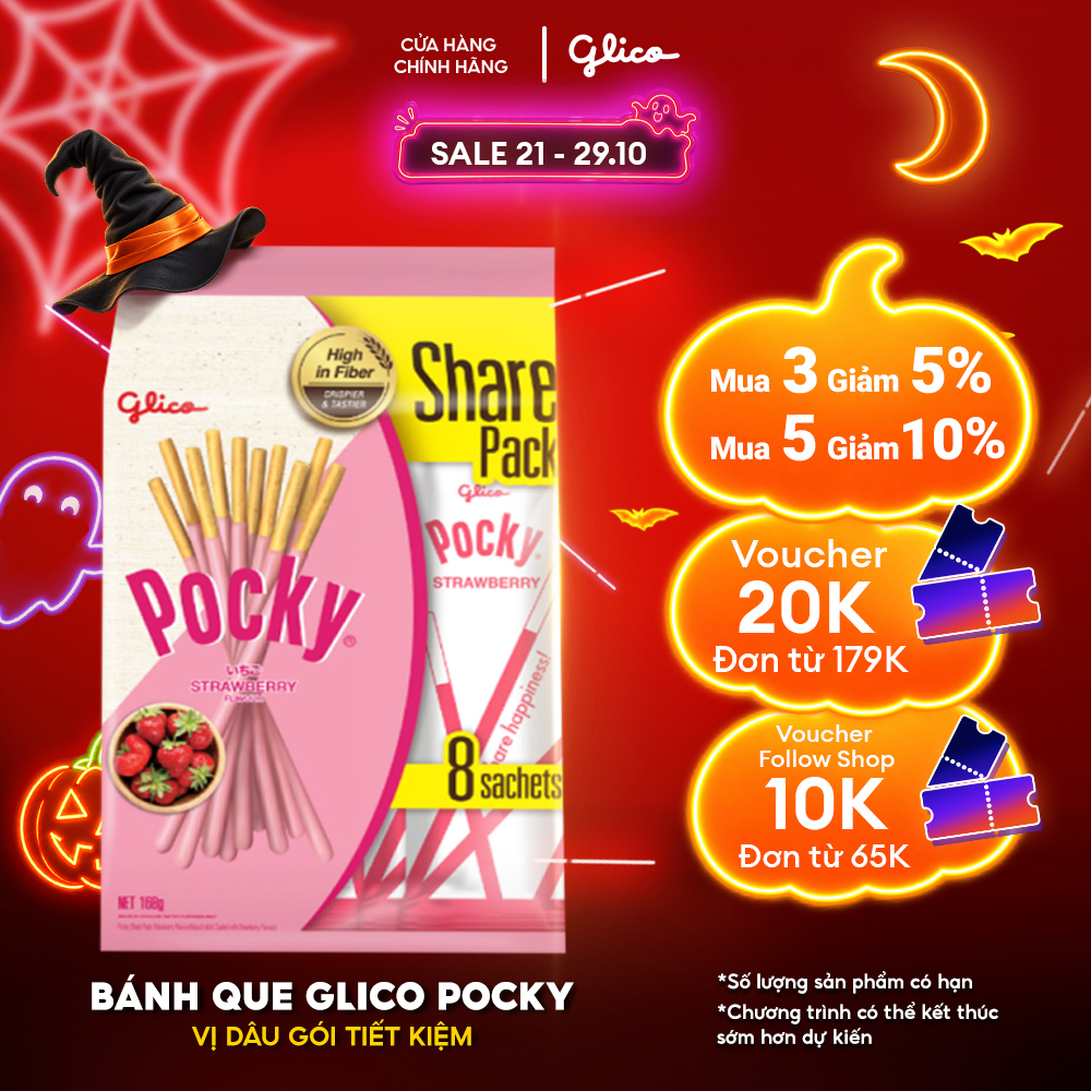 Gói lớn tiết kiệm - Bánh Que Glico Pocky Vị Kem Dâu (168g/Túi 8 gói)