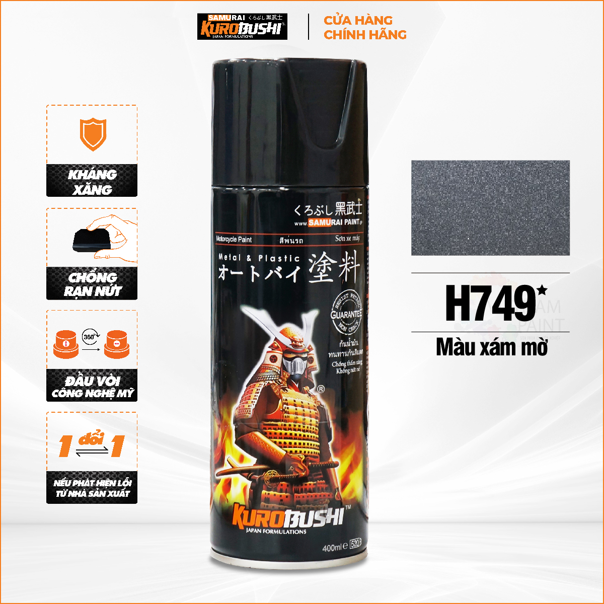 Sơn xịt samurai kurobushi - màu xám mờ h749 chuyên dùng cho xe máy