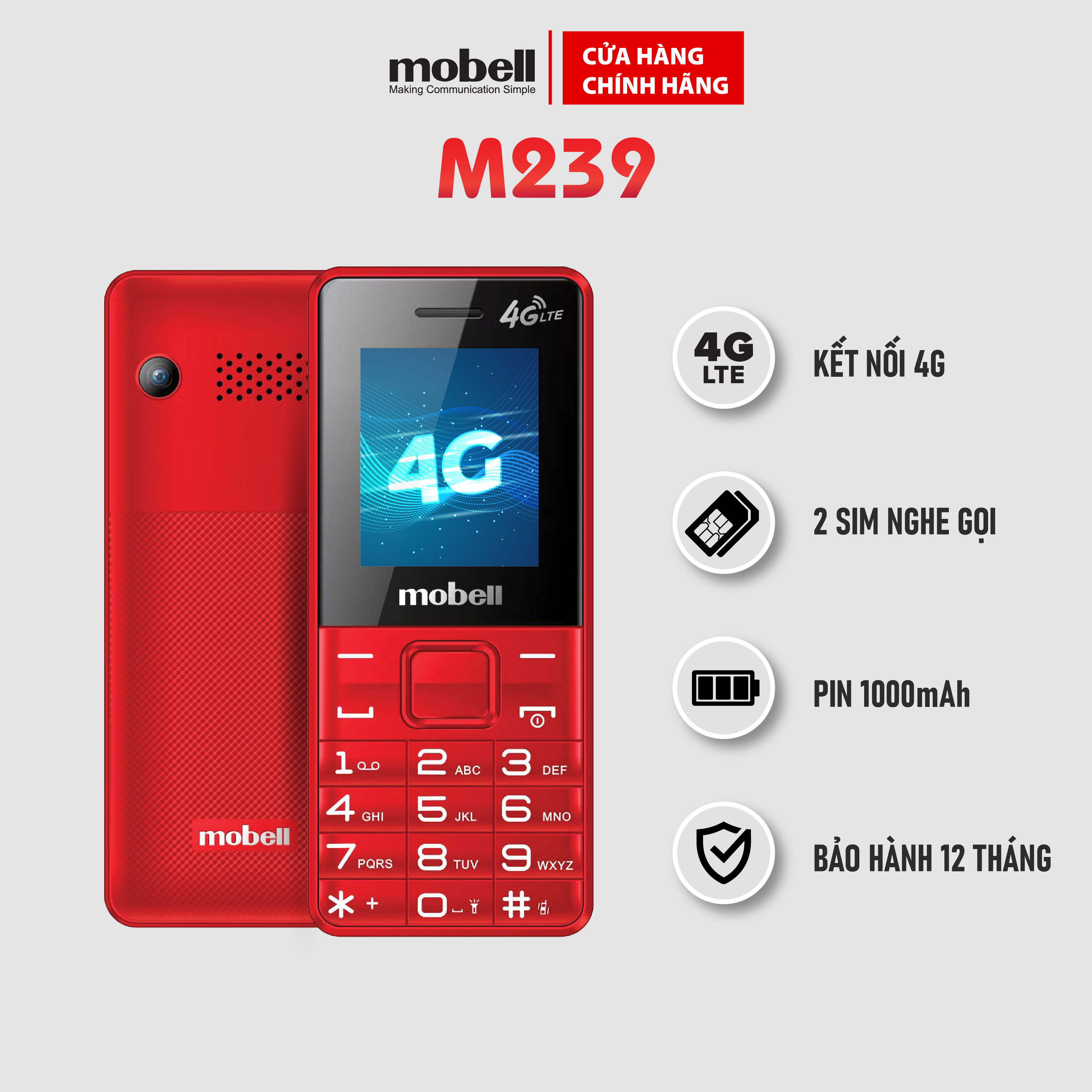 Điện thoại mobell nghe gọi phổ thông loa to m239-ol chính hãng 2 sim 4g hỗ trợ mở rộng bộ nhớ 64gb