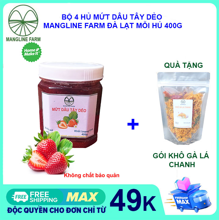 [FREESHIP 15K CHO ĐƠN 29K]Bộ 4 hủ mứt dâu tây dẻo sạch nhà làm mỗi hủ 400g - Đồ ăn vặt nội địa thơm ngon, an toàn vệ sinh, Đặc sản Đà Lạt