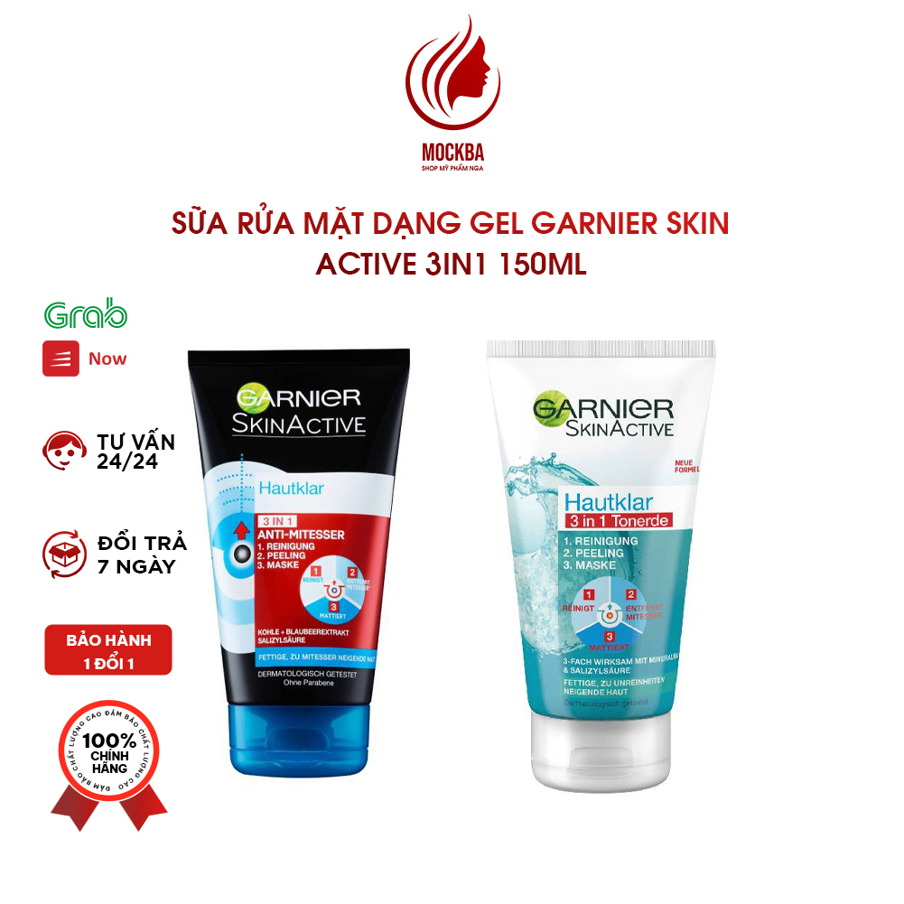 Sữa rửa mặt dạng gel garnier skin active 3in1, 150ml, giảm mụn, nhờn, mụn đầu đen, dành cho da dầu mụn: