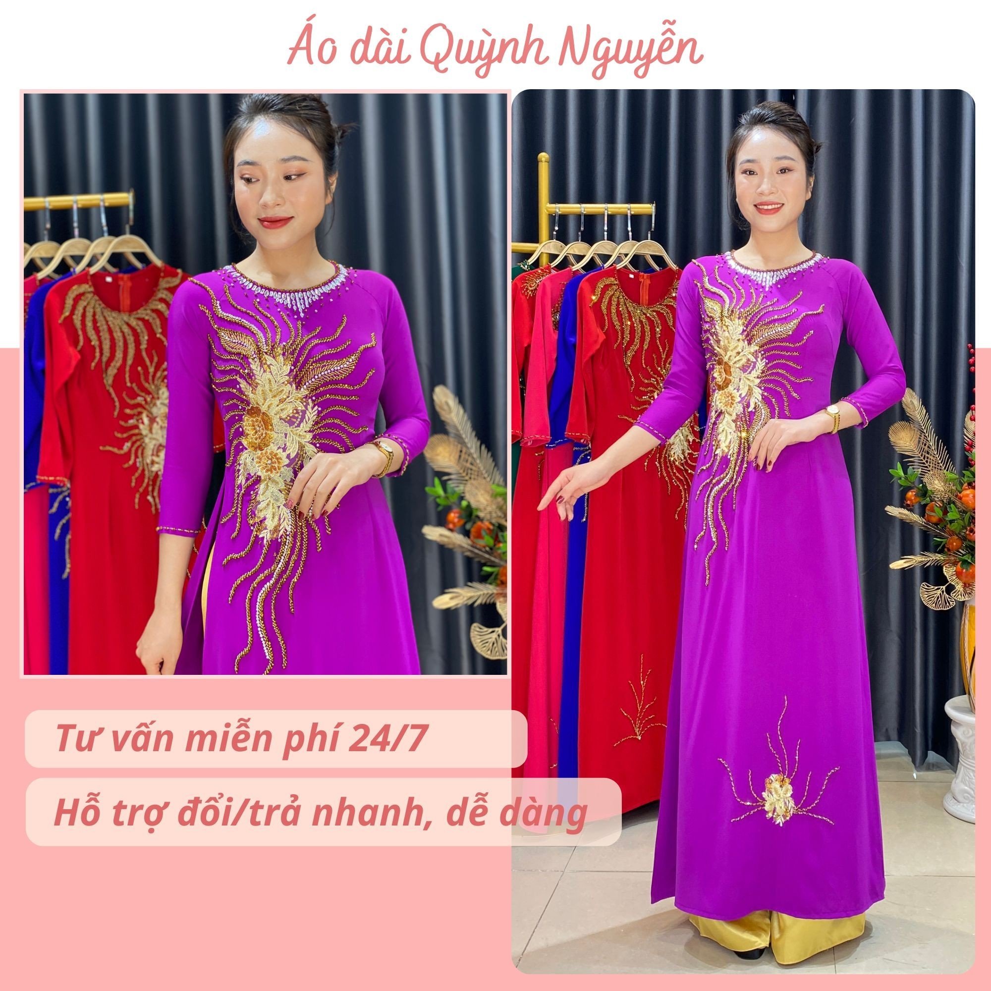 Áo dài, áo dài kết đá pha lê lụa mỹ trang phục truyền thống MÃ D59