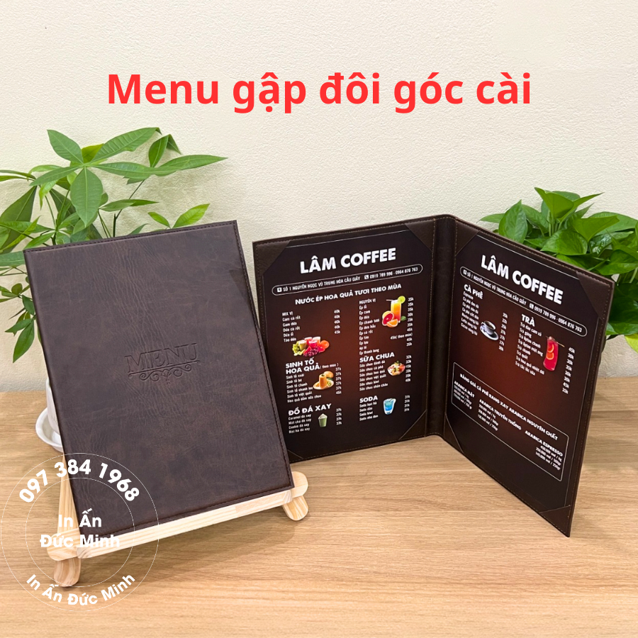 Quyển bìa da gập đôi, menu da cao cấp góc cài, sổ menu nhiều kích thước