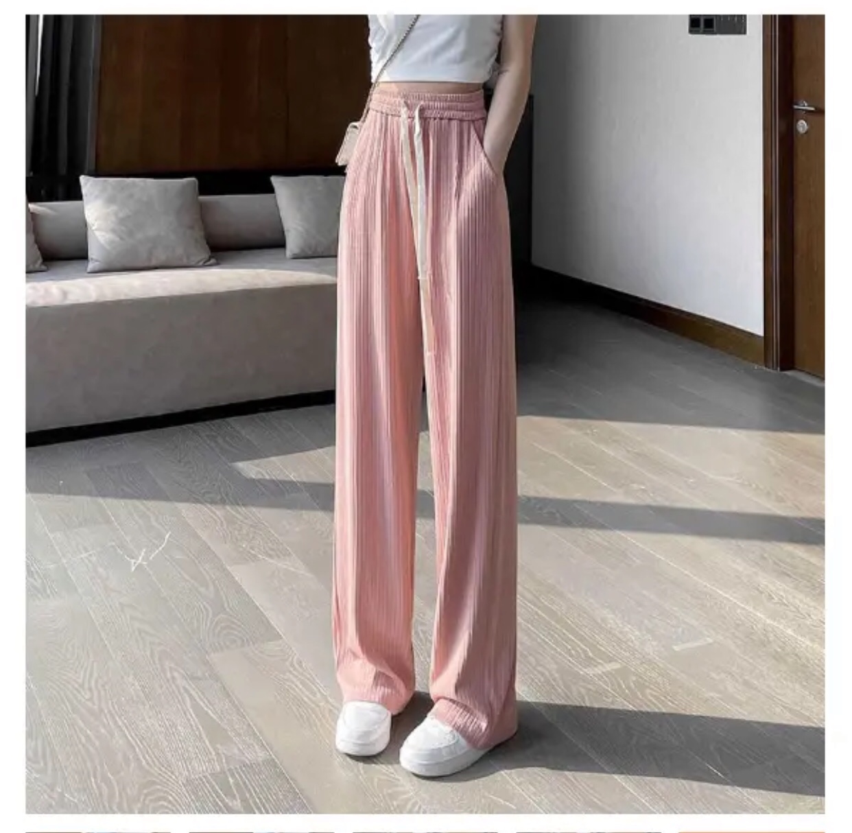 Quần ống rộng suông culottes cạp chun chất tăm thái lạnh mềm mại