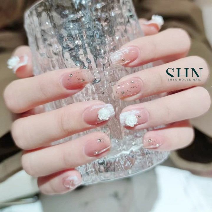 Móng tay giả đính đá DZ022, Bộ 24 móng giả đẹp đính hoa, Nail xinh, Nail box
