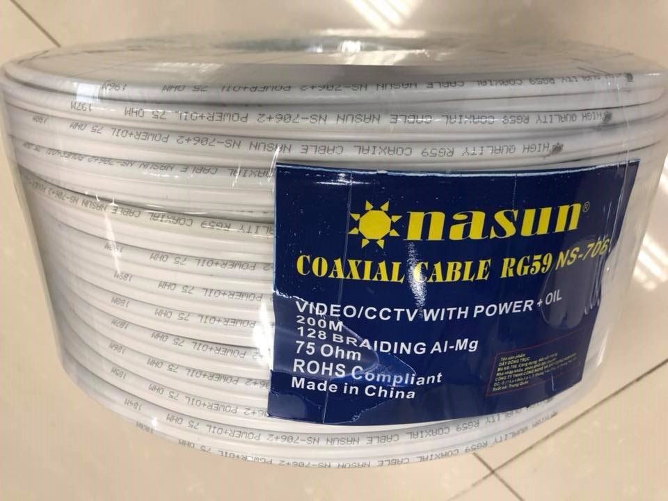 Cáp đồng trục RG59 liền nguồn có dầu chống ẩm Nasun NS-706 (CHUẨN 200m/cuộn)