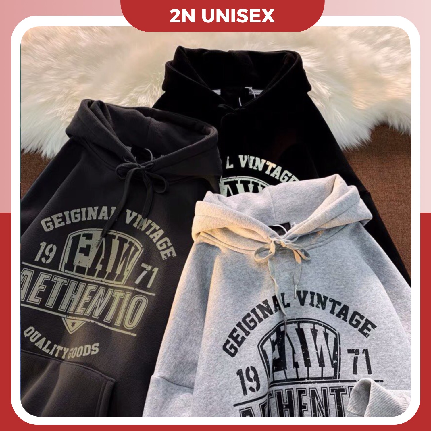 Áo hoodie nam nữ form rộng 2N Unisex nỉ bông 1971 màu đen/xám đậm/xám nhạt