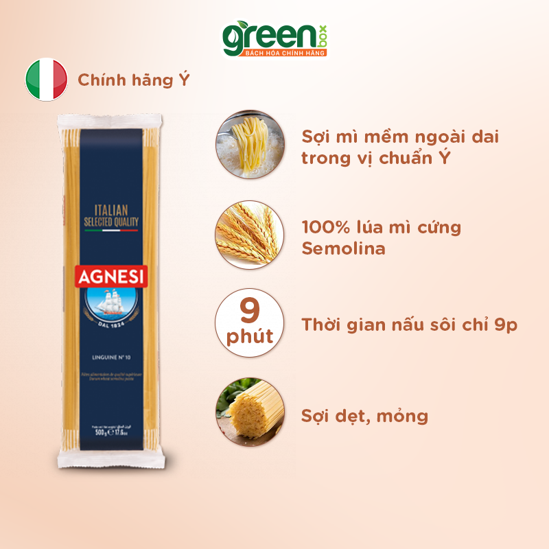 Mì ý Linguine làm từ lúa mì Semolina cao cấp Agnesi Ý 500g nấu ngon với sốt mì ý cà chua húng quế Basilico