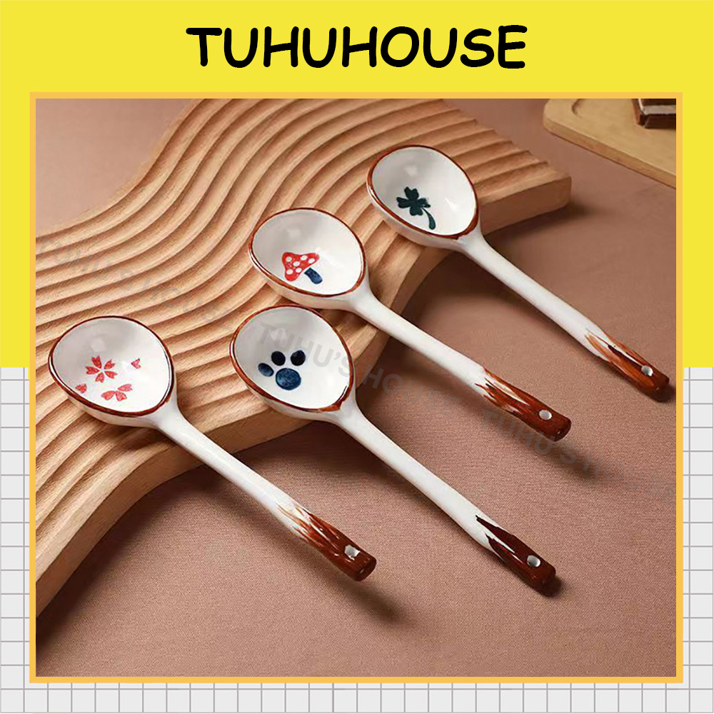 Combo 4 thìa gốm sứ tròn ăn cơm in hình đáng yêu, muỗng sứ cao cấp trang trí bàn ăn – TUHUHOUSE