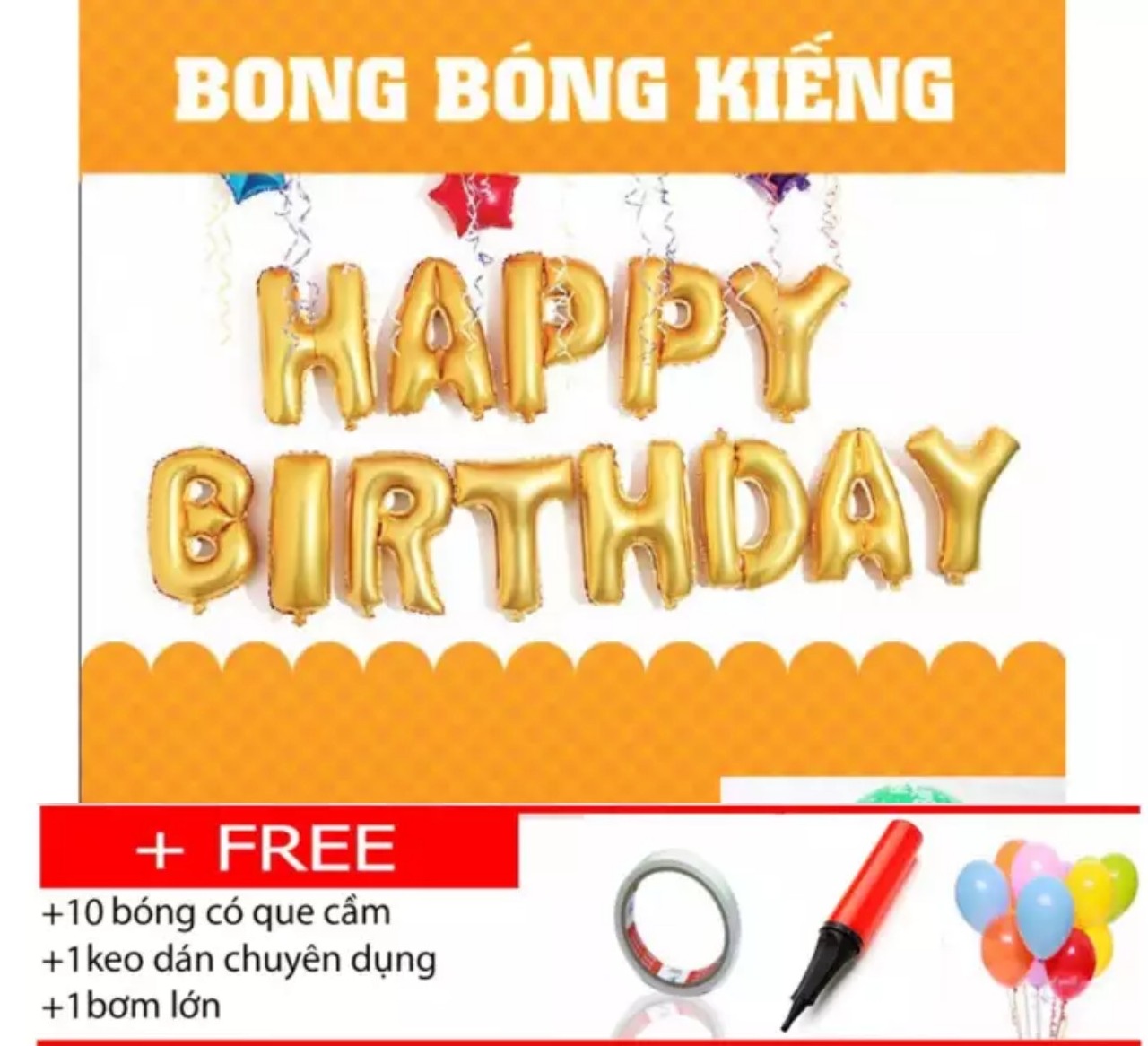 Bộ bong bóng trang  trí sinh nhật HAPPY BIRTHDAY tặng Bơm + keo dán chuyên dụng+10 bóng có que cầm