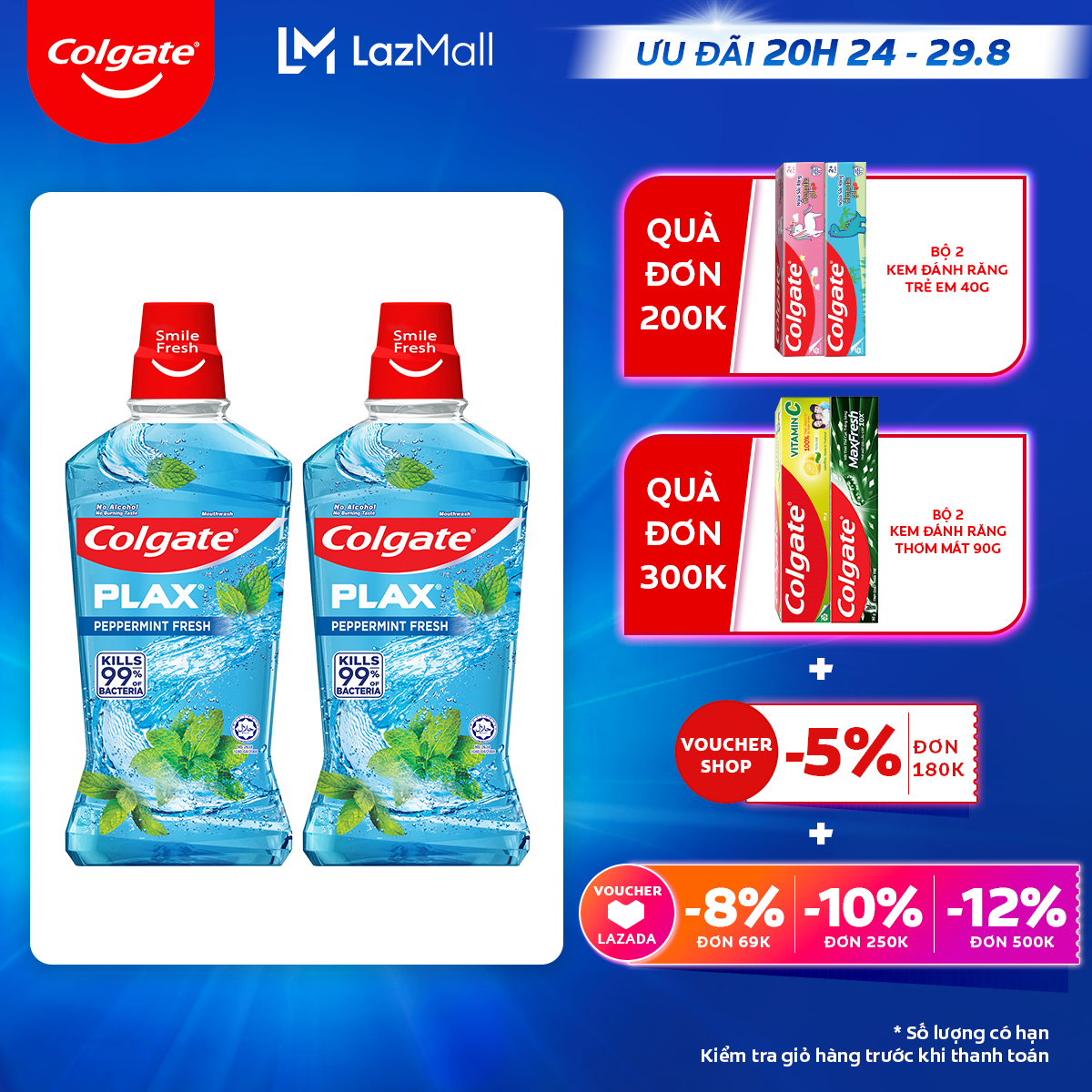 [Ưu đãi 20H 24.8 - 29.8_Áp voucher Colgate 5% + voucher LZD 8%]Bộ 2 nước súc miệng Colgate diệt khuẩn, không cồn 500ml/ chai
