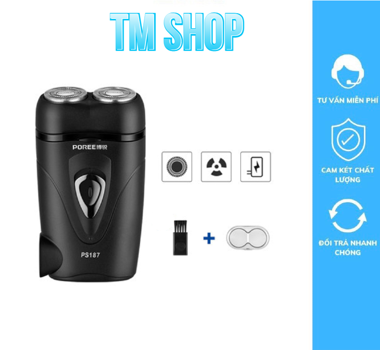 Máy Cạo Râu Sạc Điện 2 Lưỡi Poree PS187, máy cạo râu cầm tay, sạc điện, mini tiện lợi bảo hành 12 tháng