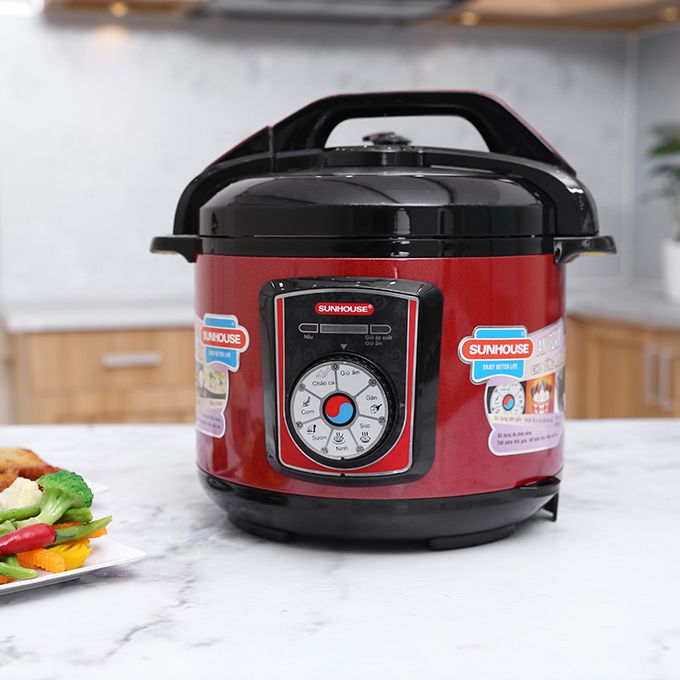 Nồi áp suất điện Sunhouse SHD1755 5 lít Mới 100% Nấu Cháo cá, Giữ ấm, Hầm ,Nấu cơm, Nấu gân ,Nấu sườn ,Súp- Bảng điều khiển:Nút vặn có tiếng Việt