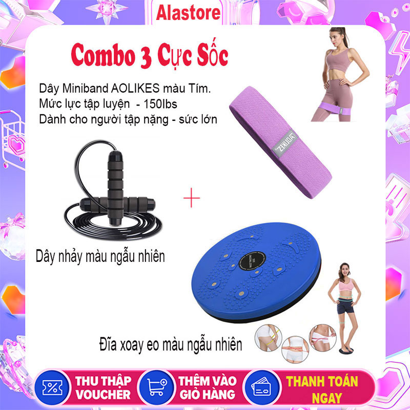 [Combo3 Cực Sốc] Dây Nhảy Lõi Thép + Đĩa Xoay Giảm Eo 360 Độ + Dây Đàn Hồi Kháng Lực Tập Mông Mininband AOLIKES CB01