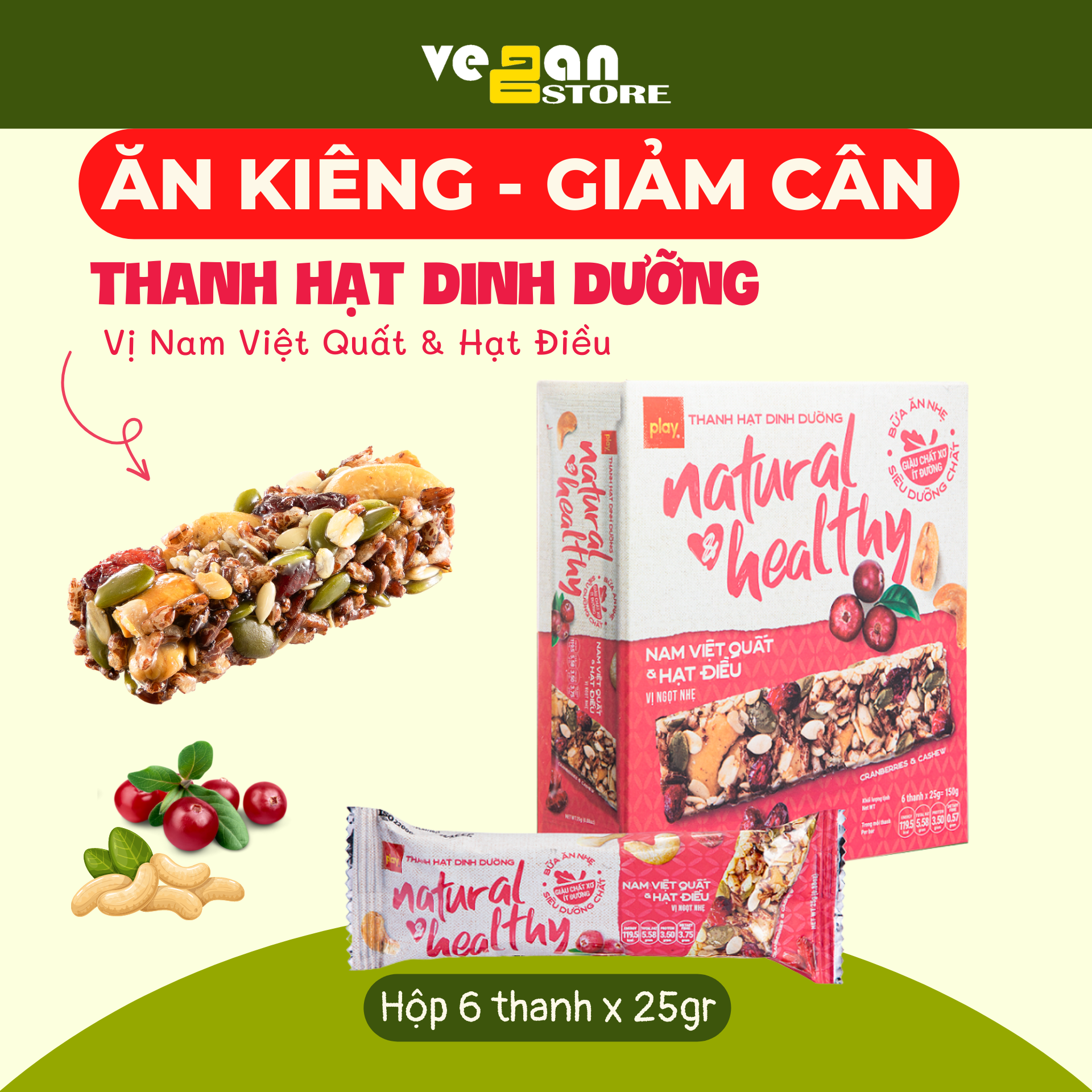 Thanh Ngũ Cốc dinh dưỡng PLAY NUTRITION vị Hạt Điều & Nam Việt Quất 6 thanh x 25gr ăn vặt healthy bổ Sung dưỡng chất Vegan Store