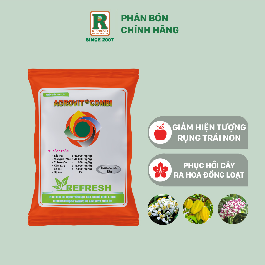 Phân bón vi lượng agrovit combi ra hoa, chống rụng trái non 25gr và 2,5gr