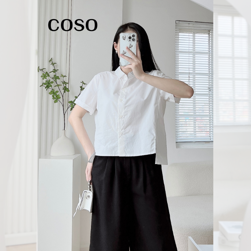 Áo sơ mi nữ coso công sở kiểu cổ đức dáng suông form rộng chất thô mềm csa07